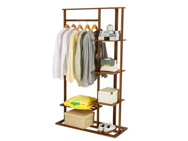 Freestanding Bamboo Clothes Garment Rack Clothes Coat Rail with Storage Shelves