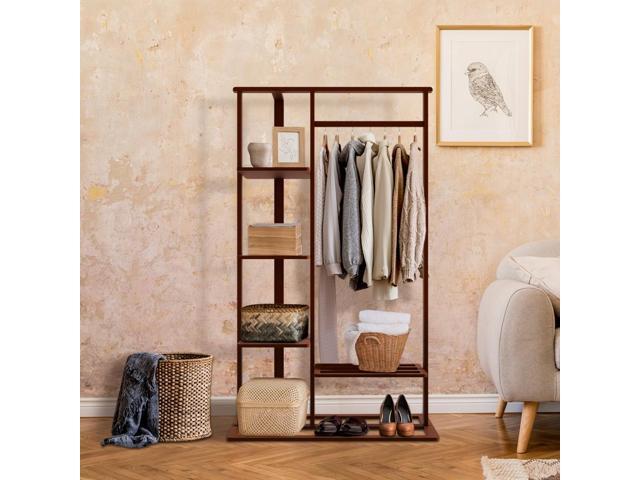 Freestanding Bamboo Clothes Garment Rack Clothes Coat Rail with Storage Shelves
