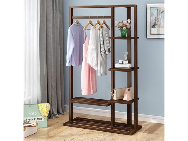 Freestanding Bamboo Clothes Garment Rack Clothes Coat Rail with Storage Shelves