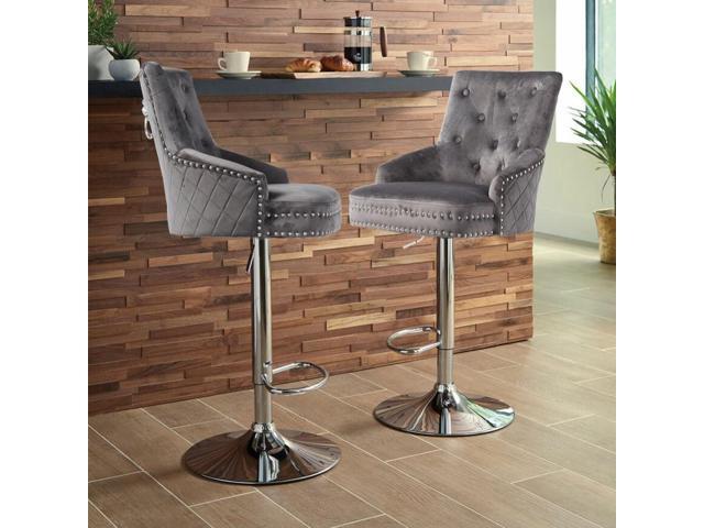 Luxury Velvet Lion Knocker Quilted Back Dining Chair Grey Tall Bar Stool Adjustable Height