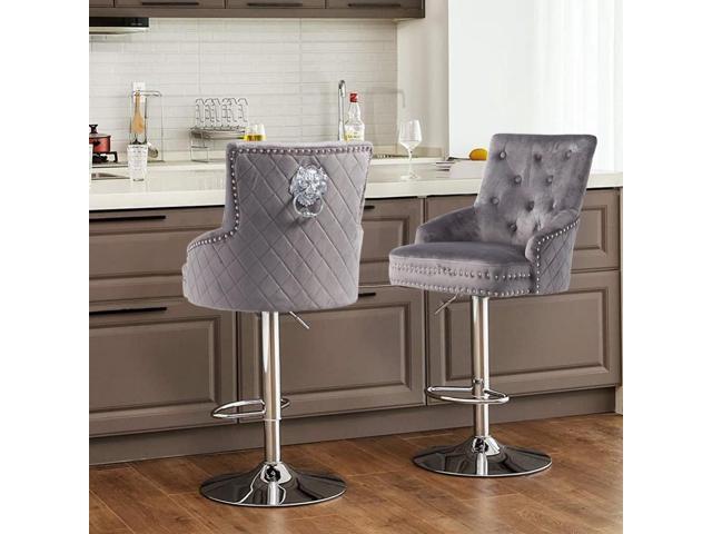 Luxury Velvet Lion Knocker Quilted Back Dining Chair Grey Tall Bar Stool Adjustable Height