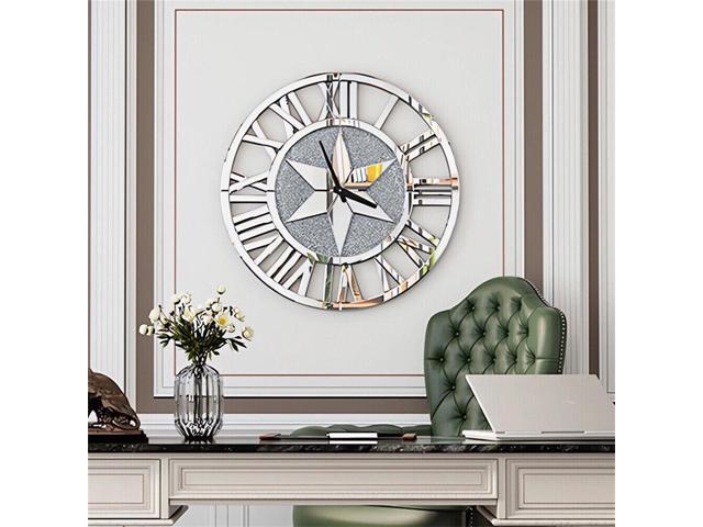Luxury Round Wall Crushed Diamond Clock Large Silver Mirrored Roman Numera Clock