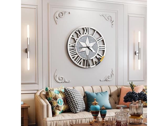 Luxury Round Wall Crushed Diamond Clock Large Silver Mirrored Roman Numera Clock