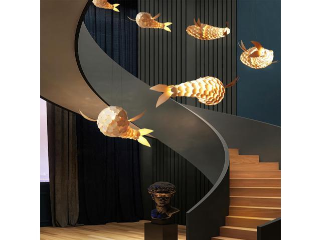 Large Handwoven Fish-Shaped Pendant Lighting Rustic Dining Room Wood Ceiling Chandelier