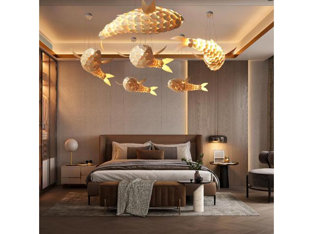 Large Handwoven Fish-Shaped Pendant Lighting Rustic Dining Room Wood Ceiling Chandelier