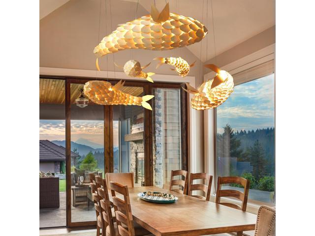 Large Handwoven Fish-Shaped Pendant Lighting Rustic Dining Room Wood Ceiling Chandelier