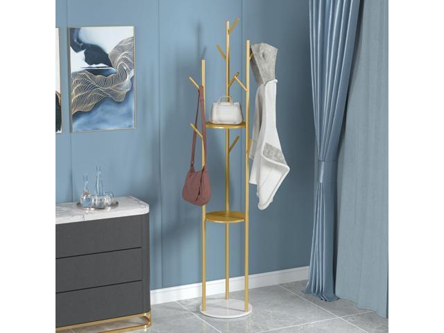 Marble Coat Rack Hat Clothes Stand Gold Strong Hook Tree Metal Organizer w/ Shelf Storage