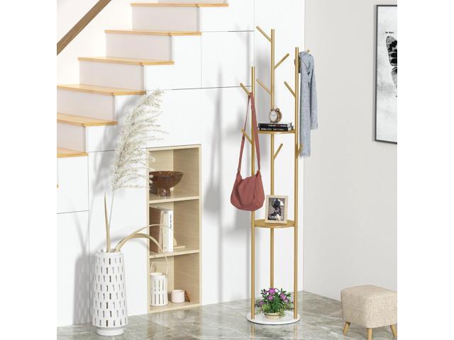 Marble Coat Rack Hat Clothes Stand Gold Strong Hook Tree Metal Organizer w/ Shelf Storage