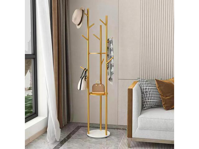 Marble Coat Rack Hat Clothes Stand Gold Strong Hook Tree Metal Organizer w/ Shelf Storage