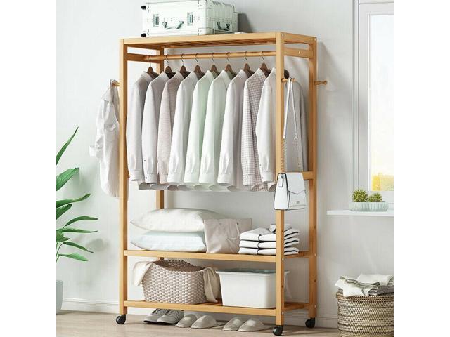 Strong Freestanding Bamboo Clothes Rail Shelf Rolling Garment Closet Organizer Stand