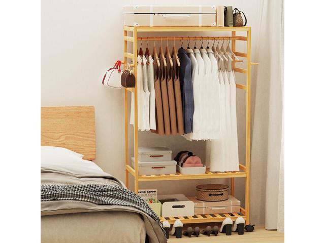 Strong Freestanding Bamboo Clothes Rail Shelf Rolling Garment Closet Organizer Stand