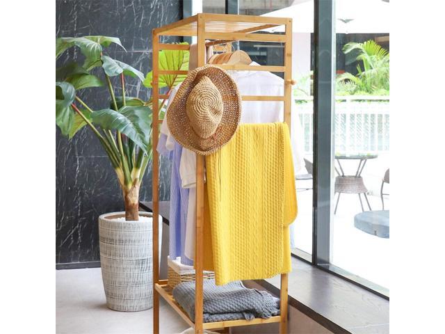 Strong Freestanding Bamboo Clothes Rail Shelf Rolling Garment Closet Organizer Stand