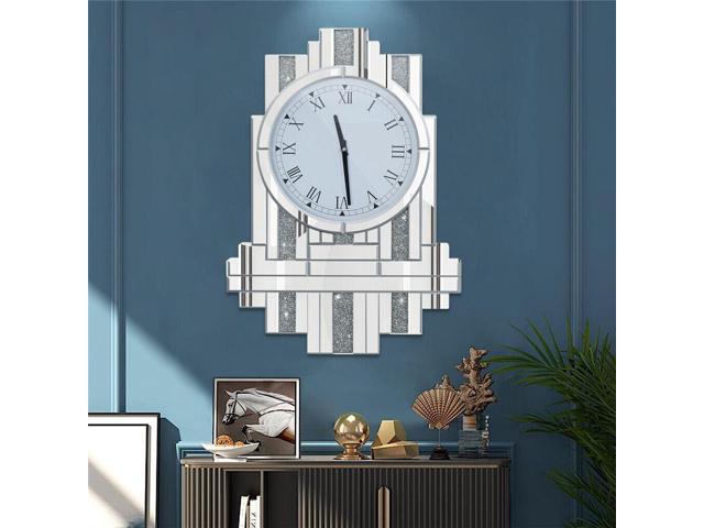 Large Modern Crushed Diamond Silver Mirrored Crystal Clock Vintage wall Clock