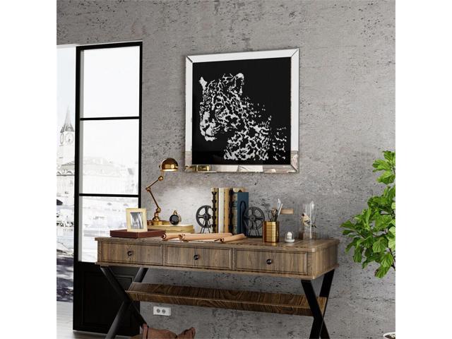 3D Diamond Leopard Pattern Wall Art Crystal Mirror Glass Hanging Mirror Art Painting Decor 60 cm