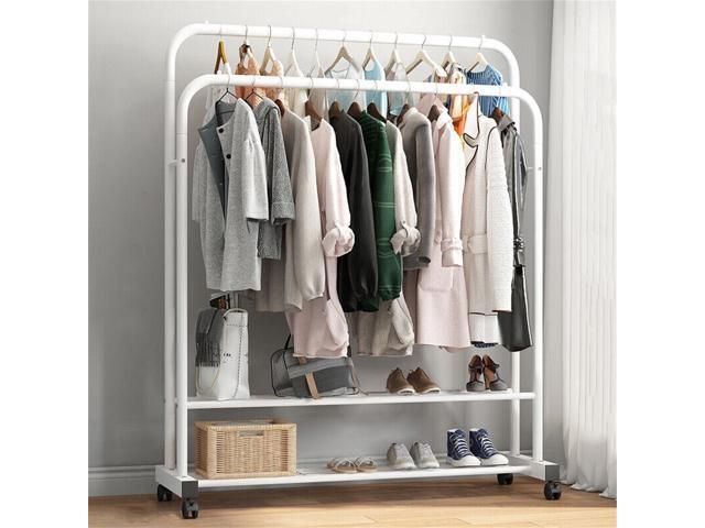 Dual Rail large capacity metal coat rack Double Garment Rack White Clothing Hanger Stand w/ 2 Tier Shelf for Bedroom