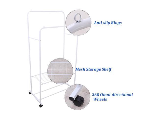 Dual Rail large capacity metal coat rack Double Garment Rack White Clothing Hanger Stand w/ 2 Tier Shelf for Bedroom
