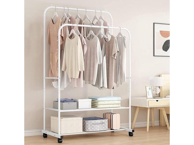 Dual Rail large capacity metal coat rack Double Garment Rack White Clothing Hanger Stand w/ 2 Tier Shelf for Bedroom