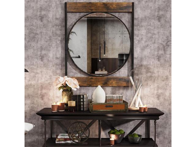 Rustic Wooden & Metal Frame Wall Mirror Dampproof Decorative Hang Art Mirror Bathroom Mirror
