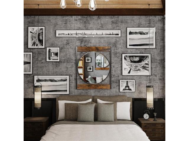 Rustic Wooden & Metal Frame Wall Mirror Dampproof Decorative Hang Art Mirror Bathroom Mirror