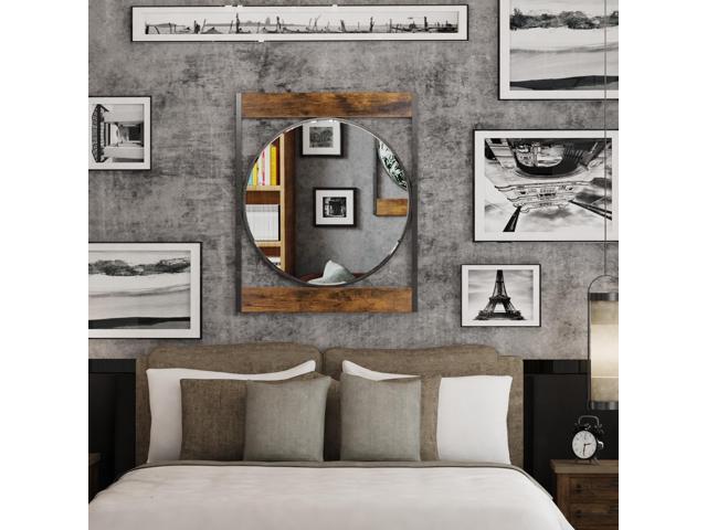 Rustic Wooden & Metal Frame Wall Mirror Dampproof Decorative Hang Art Mirror Bathroom Mirror