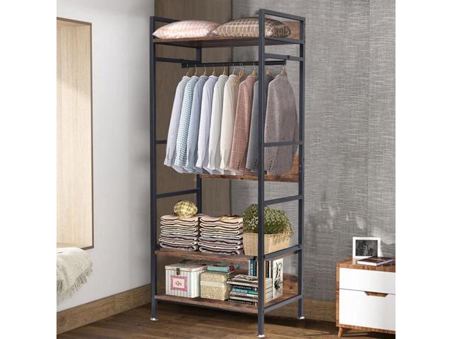 Rustic Entryway Clothes Rack Industrial Garment Rail Freestanding Closet Organizer with Storage Shelves