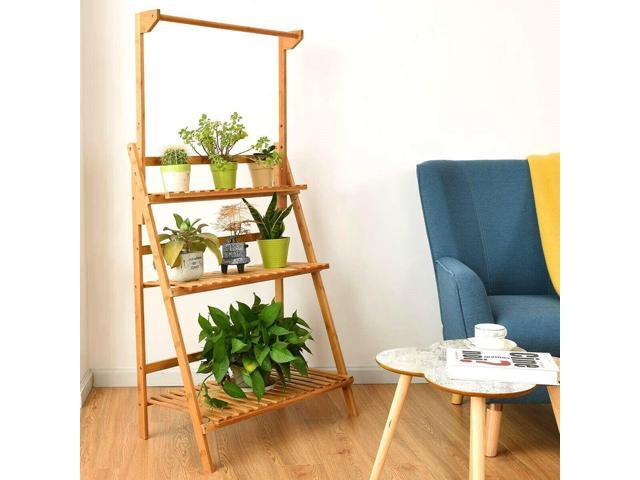 Natural Bamboo Plant Hanging Stand 3-Tier Wooden Flowers Rack Garden Plant Stairs Balcony Shelf Deco Storage Shelf