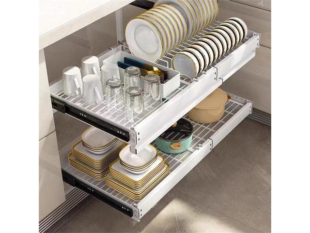 Dual-Track Pull Out Cabinet Organizer Dish Drying Shelf Slide Out Pantry Drawer