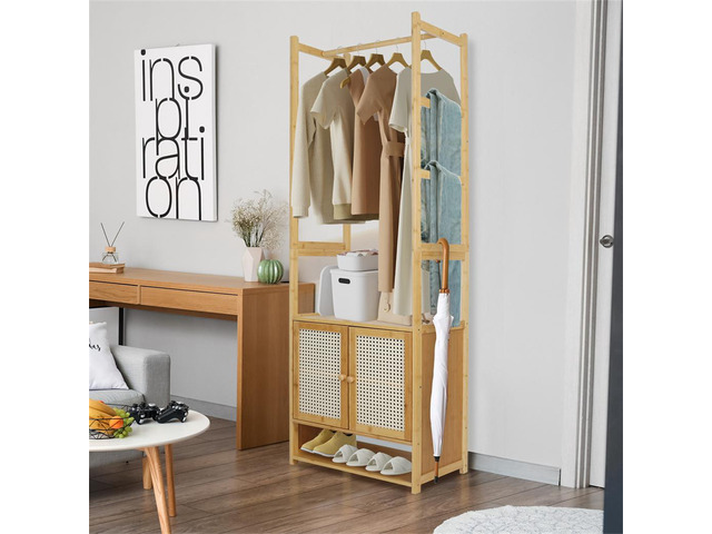 Integrated Clothes Rack Standing Gament Hanging Rack Coat Storage Wardrobe Closet with Shoe Storage Cabinet Shelves Hanging Bars