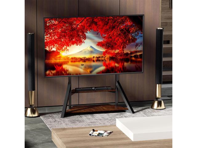 Reinforced Floor TV Stand Heavy Duty TV Mount Bracket Height Adjustable with 2 Tiers Wood Storage Shelf for 65-100 Inch LCD LED Flat TV