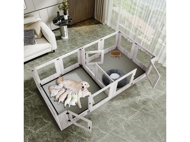 Safest Tempered Glass Puppy Whelping Pen Box Wood Dog Cage Shatter-proof Dog Exercise Playpen with Waterproof Fertility Pad XX-Large