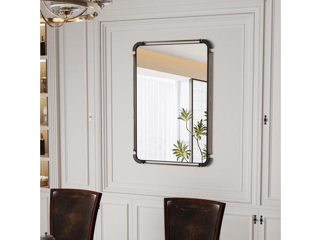 UNHO Farmhouse Industrial Iron Pipe Mirror Rustic Rectangular Wall Decorative Vanity Mirror Living Room Entrance