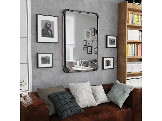 UNHO Farmhouse Industrial Iron Pipe Mirror Rustic Rectangular Wall Decorative Vanity Mirror Living Room Entrance