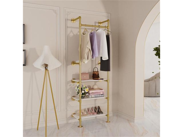 UNHO Heavy Duty Industrial Pipe Walk-in Wall Coat Garment Stand Clothes Closet Organizer Rack Open Wardrobe Shoe Rack w/Removable Storage Shelves