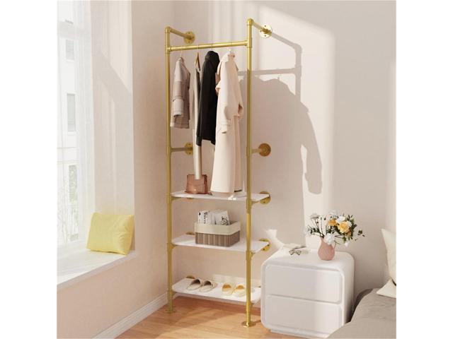 UNHO Heavy Duty Industrial Pipe Walk-in Wall Coat Garment Stand Clothes Closet Organizer Rack Open Wardrobe Shoe Rack w/Removable Storage Shelves