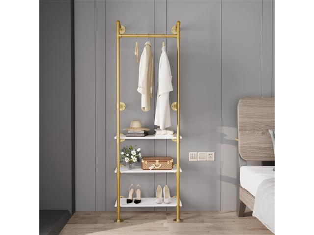 UNHO Heavy Duty Industrial Pipe Walk-in Wall Coat Garment Stand Clothes Closet Organizer Rack Open Wardrobe Shoe Rack w/Removable Storage Shelves