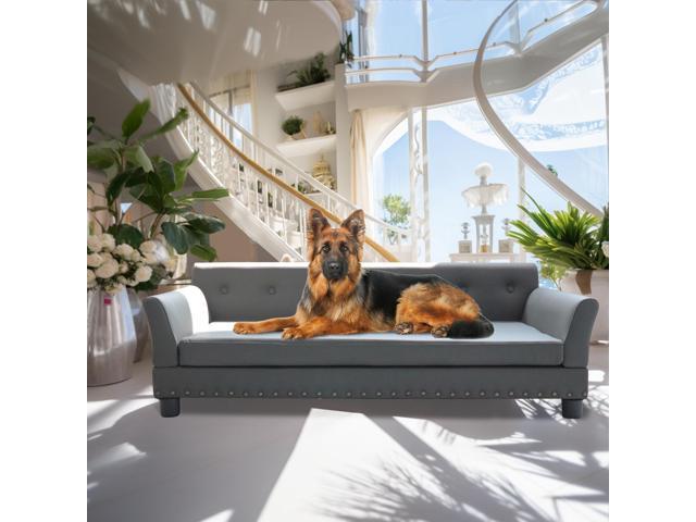 Large Elevated Dog Sofa Bed Microfiber Leather Couch Pet Sleep Joint Support Bed with Copper Nail
