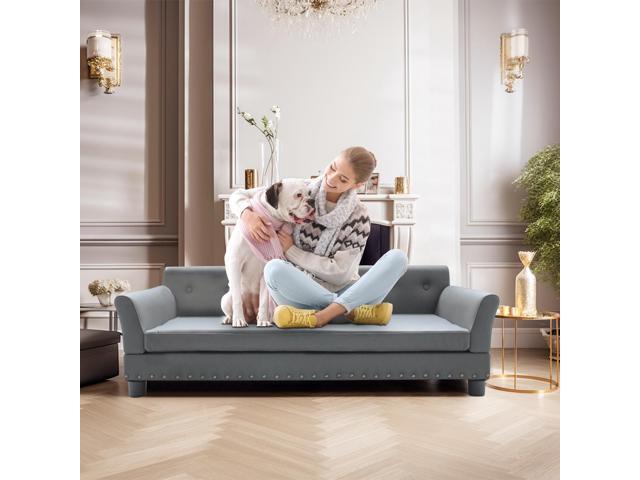 Large Elevated Dog Sofa Bed Microfiber Leather Couch Pet Sleep Joint Support Bed with Copper Nail