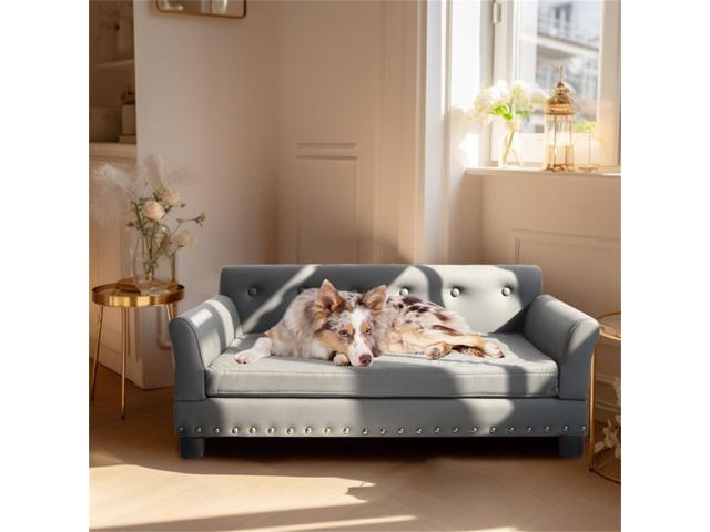 UNHO Large Elevated Dog Sofa Bed Microfiber Leather Couch Pet Sleep Joint Support Bed with Copper Nail Large