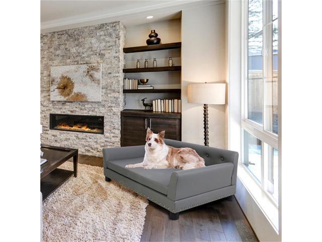 UNHO Large Elevated Dog Sofa Bed Microfiber Leather Couch Pet Sleep Joint Support Bed with Copper Nail Large