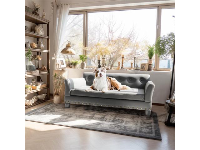 UNHO Large Elevated Dog Sofa Bed Microfiber Leather Couch Pet Sleep Joint Support Bed with Copper Nail Large
