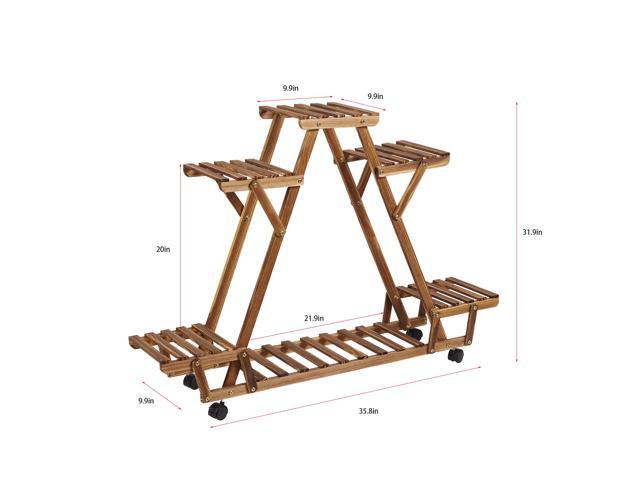 UNHO Rolling 6 Tier Carbonized Wood Plant Stand Rack Multiple Flower Pot Holder Shelf Indoor Outdoor Planter Display shelving unit for Patio Garden...