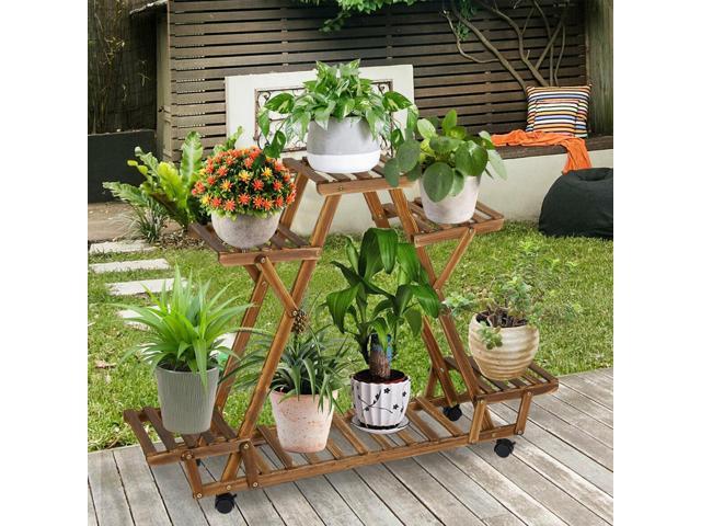 UNHO Rolling 6 Tier Carbonized Wood Plant Stand Rack Multiple Flower Pot Holder Shelf Indoor Outdoor Planter Display shelving unit for Patio Garden...