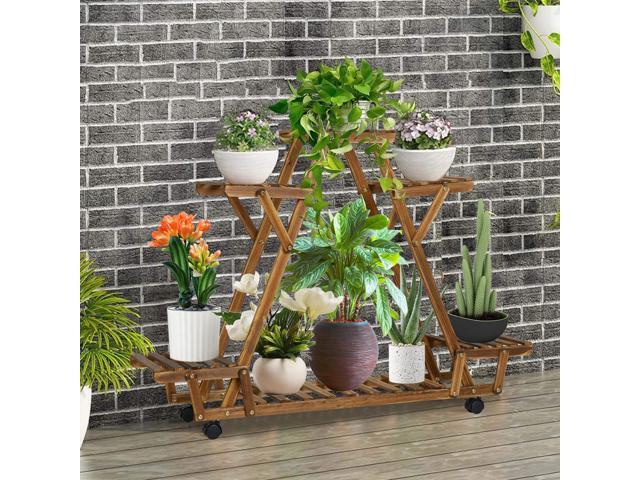 UNHO Rolling 6 Tier Carbonized Wood Plant Stand Rack Multiple Flower Pot Holder Shelf Indoor Outdoor Planter Display shelving unit for Patio Garden...