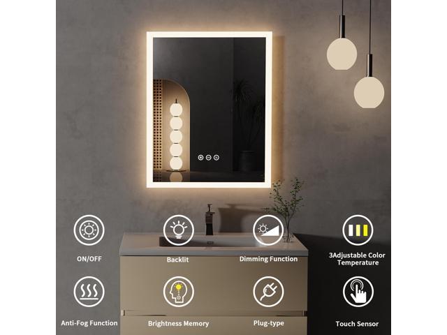 UNHO Led Bathroom Mirror Cosmetic Mirror 3 Kinds Of Color Temperature 400*500mm Adjustable Brightness Anti-fog Waterproof Square Silver Bathroom Hotel