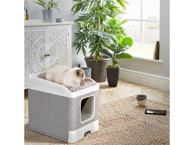 UNHO Detachable Cat Litter Box Closed Detachable Top Front Easy to Clean Large Space Grey White
