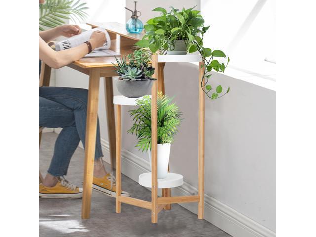 UNHO 3 Tier Plant Stand Bamboo Plant Holder Flower Pot Rack Corner Nordic Indoor Brown High And Low Display Living Room Bedroom Balcony