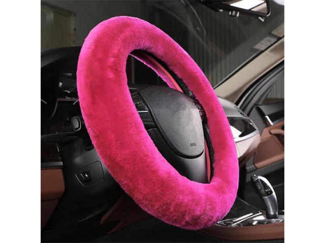 Acaigel Red Natural Wool Car Steering Wheel Cover Hand Brake Gear Covers Kit