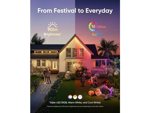 eufy Permanent Outdoor Lights E22, 50ft with 30 Triple-LED Lights, Smart RGBWW Christmas Lights, Daily and Holiday, IP67 Waterproof, AI Lighting...