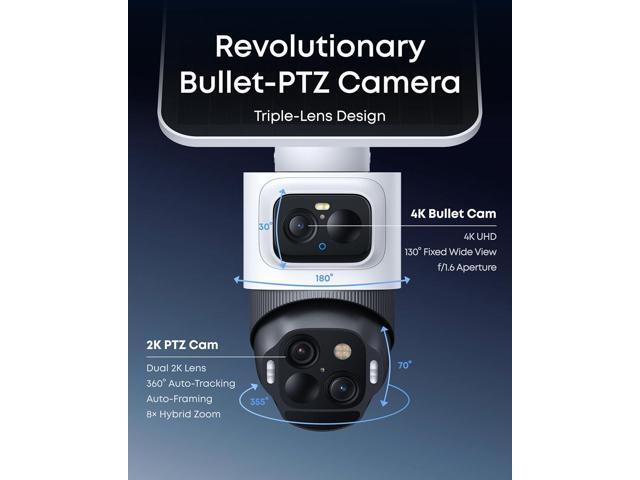 eufy Security eufyCam S4,4K Solar Camera Wireless Outdoor, Triple Lens Bullet-PTZ Cam, 360° View, 8X Auto Zoom, AI Recognition,AI Track, Color...
