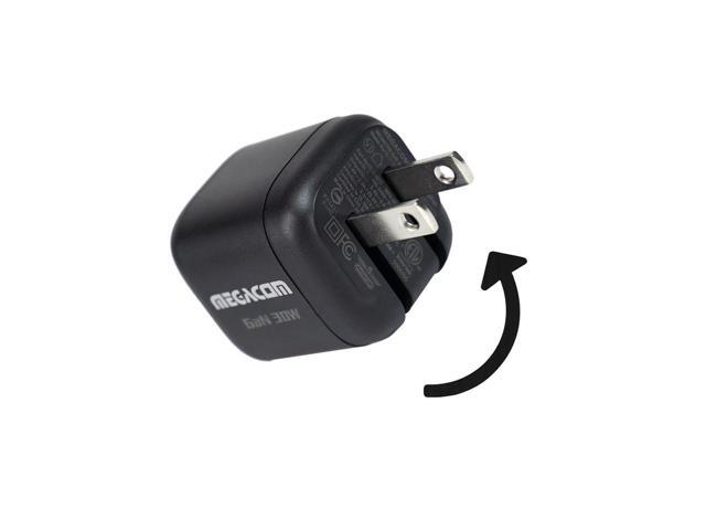 Megacom Gan Charger 30W USB-CX1 Power Adapter, Foldable PD3.0/PPS/QC3.0 Fast Wall Charger Compatible with Smartphones, Tablets (Black)